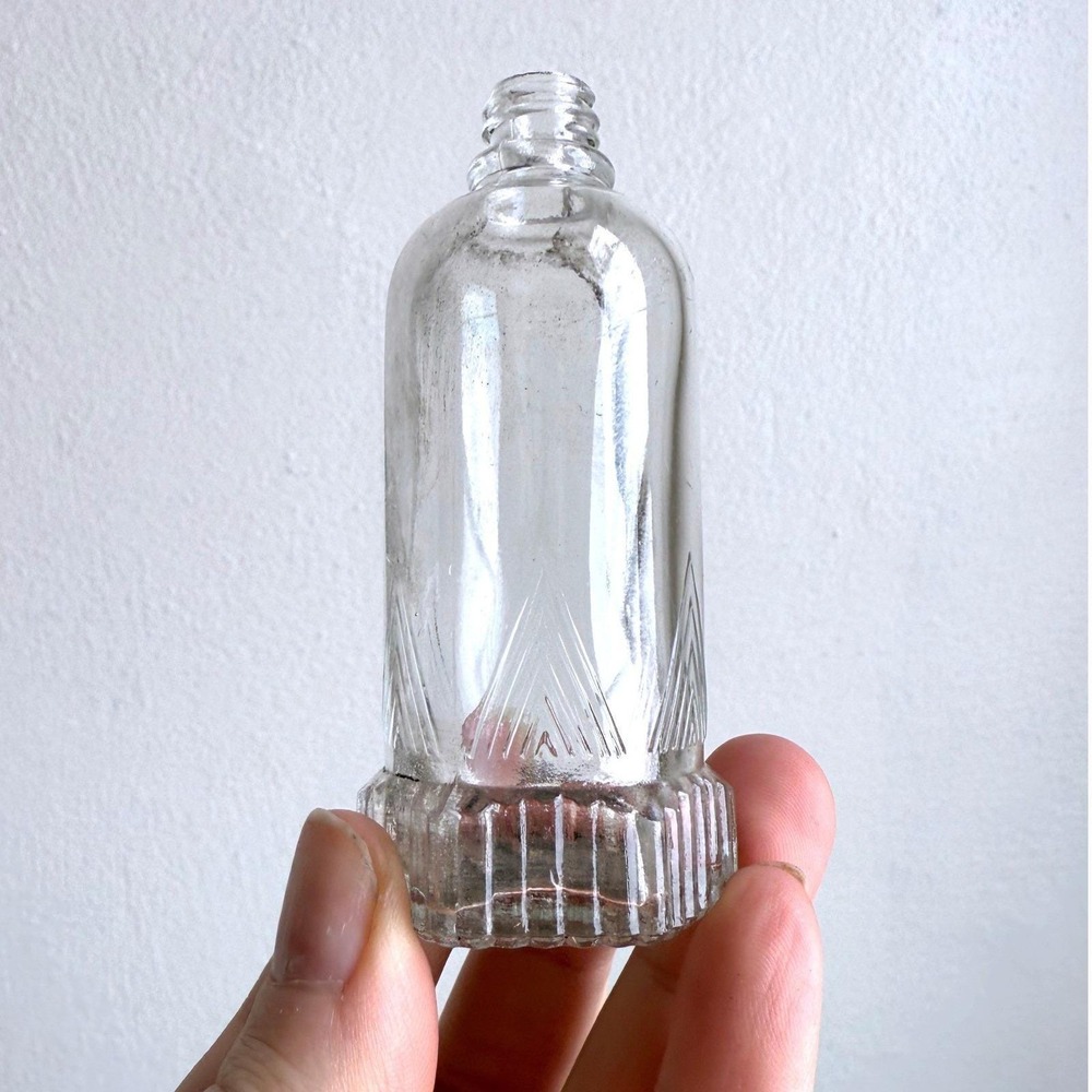 Vintage Art Deco Clear Glass Bottle Embossed Geometric Triangle Ribbed 3.5 Inch